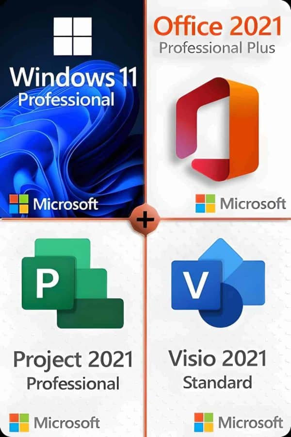 Microsoft Windows 11 Pro + Microsoft Project 2021 Pro + Microsoft Office 2021 Pro Plus + Microsoft Visio 2021 Standard Premium-licentie voor 3 apparaten