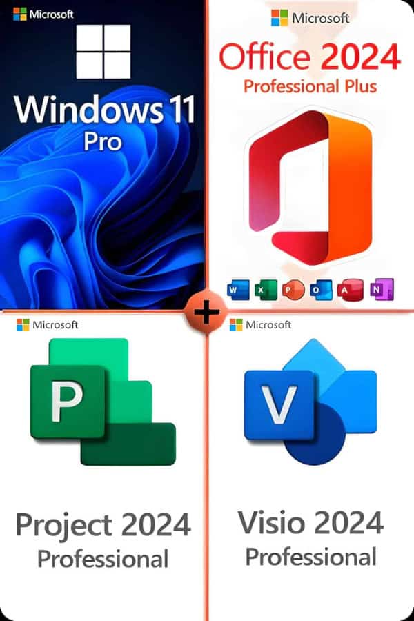 Microsoft Windows 11 Professional + Microsoft Project 2024 Professional + Microsoft Office 2024 Professional  Plus + Microsoft Visio 2024 Professional Premium-licentie voor 3 apparaten